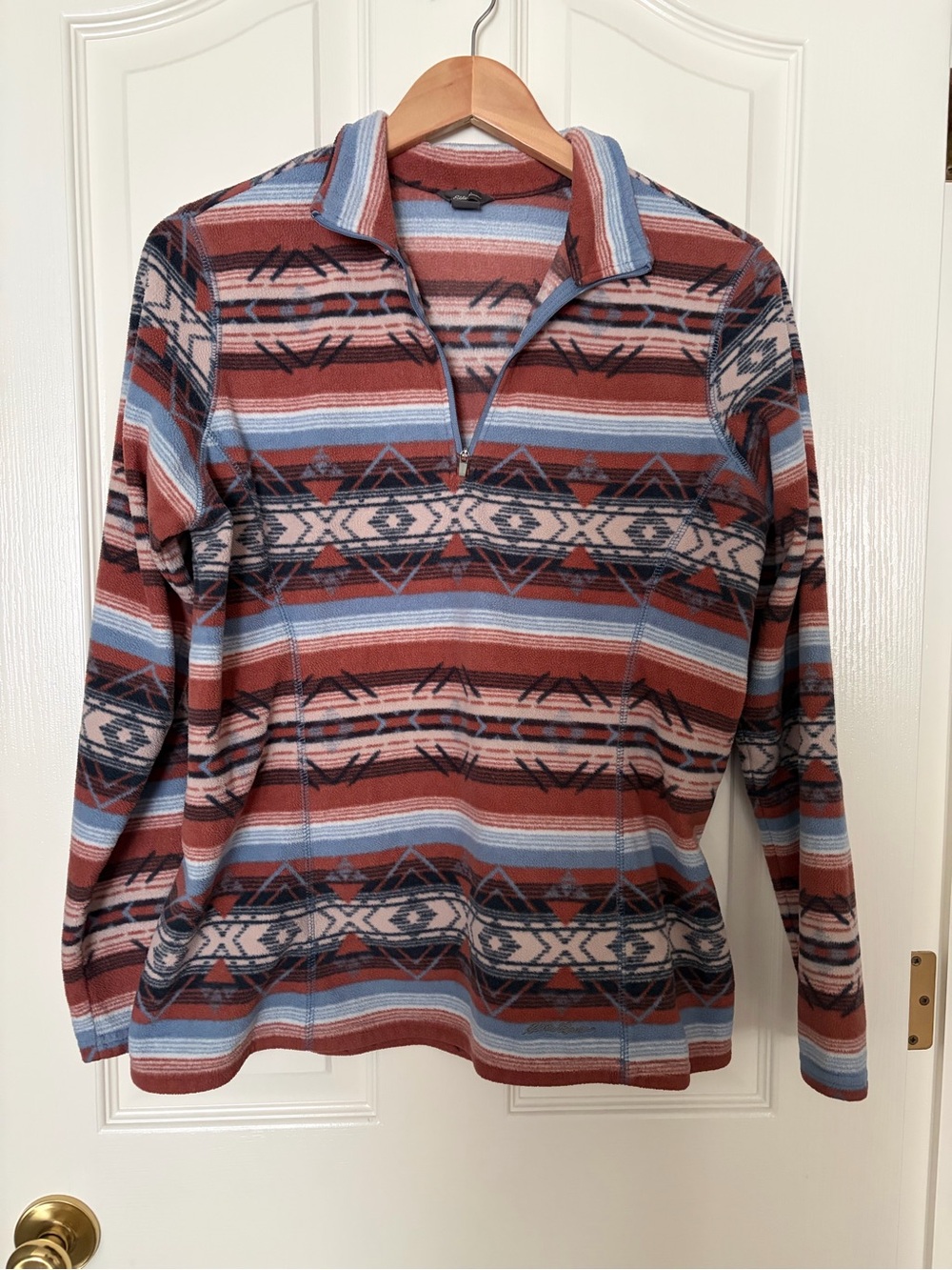 Eddie Bauer Women’s Zip-Up Sweater in Rust, Light Blue & Cream Aztec Stripe